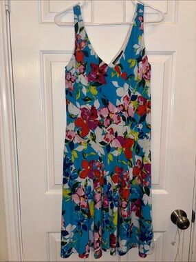 American Living Teal Floral V-Neck Mini Dress
